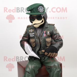 Navy Green Beret mascot costume character dressed with a Biker Jacket and Reading glasses