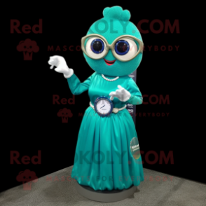 Teal Wrist Watch mascot costume character dressed with a Ball Gown and Reading glasses