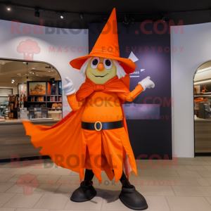 Orange Witch'S Hat mascot costume character dressed with a Windbreaker and Belts