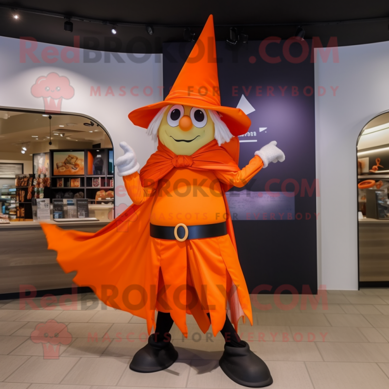 Orange Witch'S Hat mascot costume character dressed with a Windbreaker and Belts Orange Witch'S Hat mascot costume character dressed with a Windbreaker and Belts