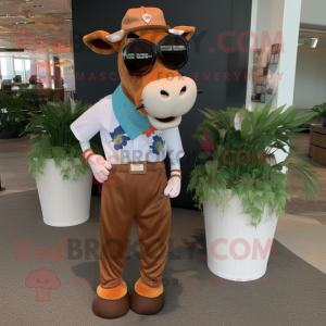 Brown Guernsey Cow mascot costume character dressed with a Capri Pants and Sunglasses