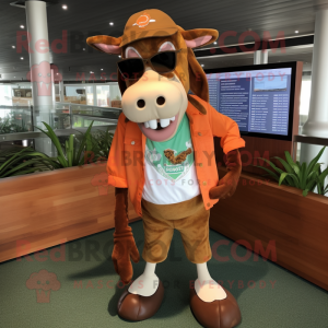 Brown Guernsey Cow mascot costume character dressed with a Capri Pants and Sunglasses