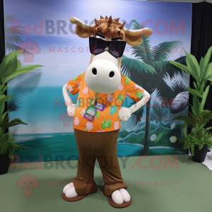 Brown Guernsey Cow mascot costume character dressed with a Capri Pants and Sunglasses