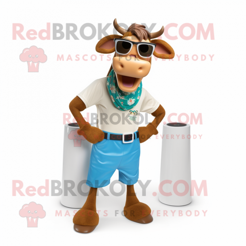 Brown Guernsey Cow mascot costume character dressed with a Capri Pants and Sunglasses