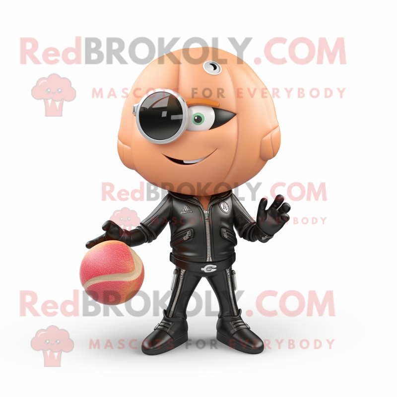 Peach Baseball Ball mascot costume character dressed with a Biker Jacket and Rings