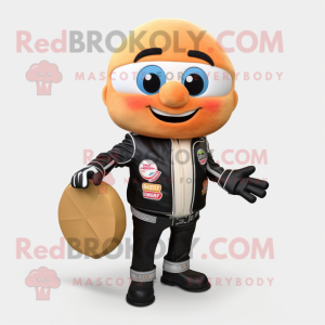 Peach Baseball Ball mascot costume character dressed with a Biker Jacket and Rings