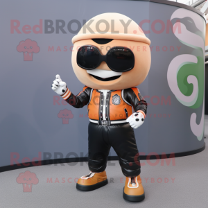 Peach Baseball Ball mascot costume character dressed with a Biker Jacket and Rings