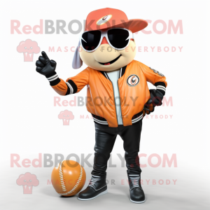Peach Baseball Ball mascot costume character dressed with a Biker Jacket and Rings