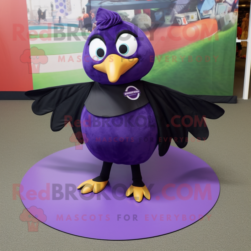 Purple Blackbird mascot costume character dressed with a Circle Skirt and Foot pads