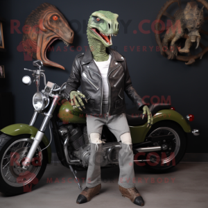 Olive Utahraptor mascot costume character dressed with a Biker Jacket and Necklaces