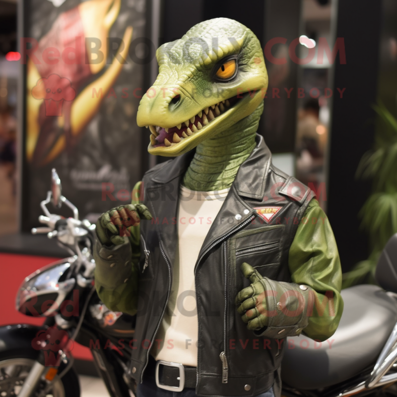 Olive Utahraptor mascot costume character dressed with a Biker Jacket and Necklaces