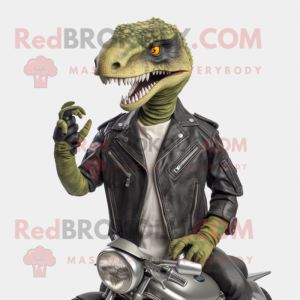 Olive Utahraptor mascot costume character dressed with a Biker Jacket and Necklaces