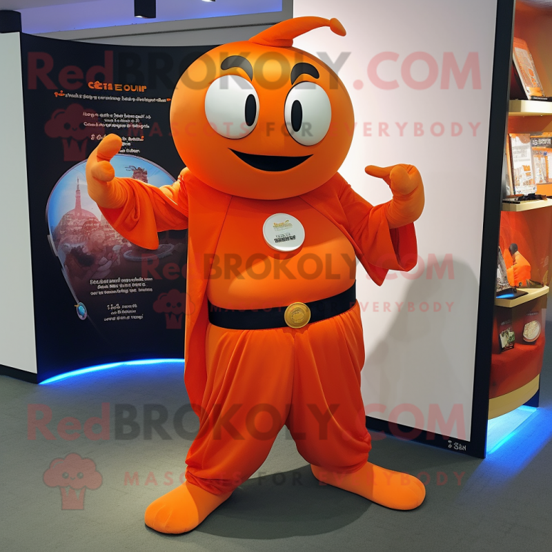 Orange Magician mascot costume character dressed with a Yoga Pants and Keychains Orange Magician mascot costume character dressed with a Yoga Pants and Keychains