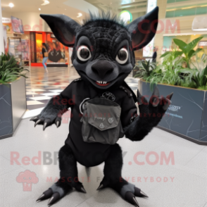 Black Chupacabra mascot costume character dressed with a Rash Guard and Wallets