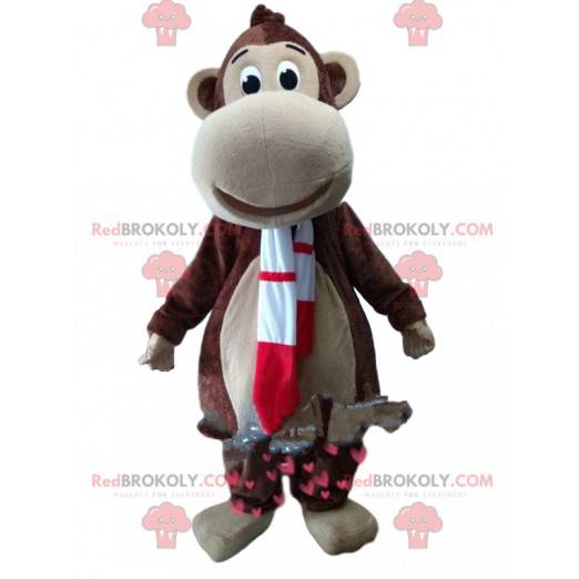 Brown monkey mascot with a red and white scarf - Redbrokoly.com