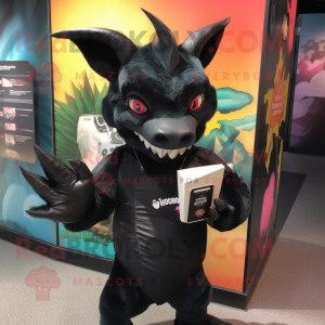 Black Chupacabra mascot costume character dressed with a Rash Guard and Wallets