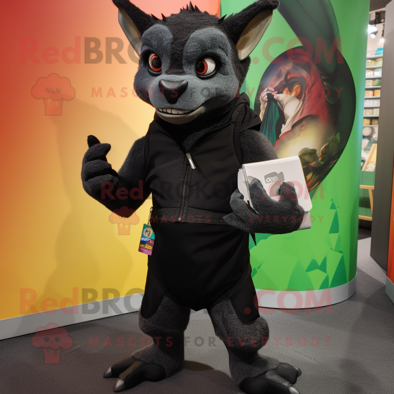 Black Chupacabra mascot costume character dressed with a Rash Guard and Wallets