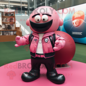 Pink Rugby Ball mascot costume character dressed with a Leather Jacket and Ties