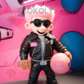 Pink Rugby Ball mascot costume character dressed with a Leather Jacket and Ties