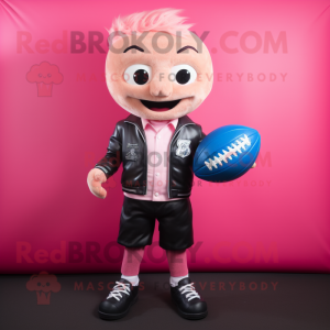 Pink Rugby Ball mascot costume character dressed with a Leather Jacket and Ties