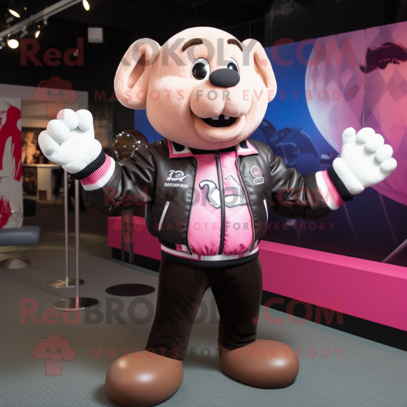 Pink Rugby Ball mascot costume character dressed with a Leather Jacket and Ties