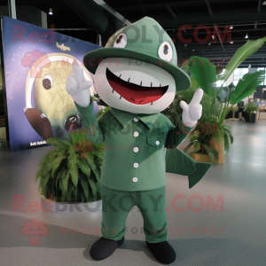 Forest Green Shark mascot costume character dressed with a Playsuit and Hat pins