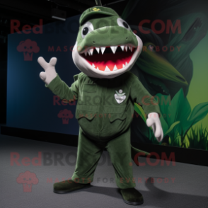 Forest Green Shark mascot costume character dressed with a Playsuit and Hat pins