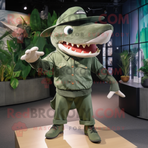 Forest Green Shark mascot costume character dressed with a Playsuit and Hat pins