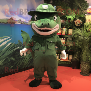 Forest Green Shark mascot costume character dressed with a Playsuit and Hat pins