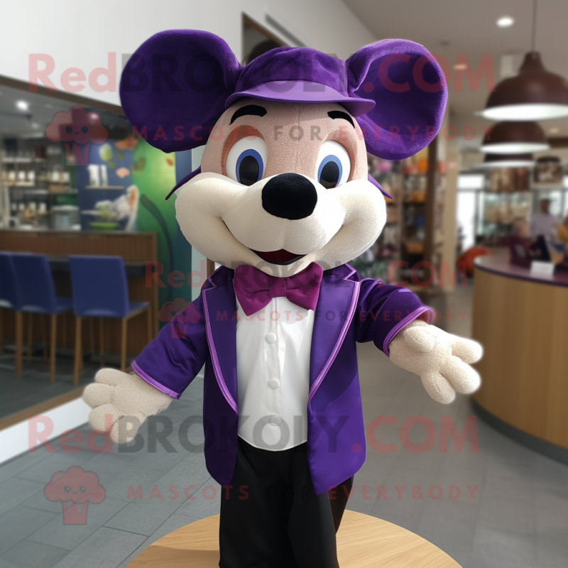 Purple Moussaka mascot costume character dressed with a Jacket and Bow ties