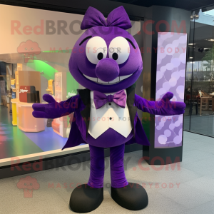 Purple Moussaka mascot costume character dressed with a Jacket and Bow ties