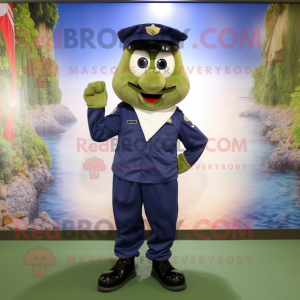 Olive Navy Soldier mascot costume character dressed with a Capri Pants and Shoe clips