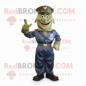 Olive Navy Soldier mascot costume character dressed with a Capri Pants and Shoe clips