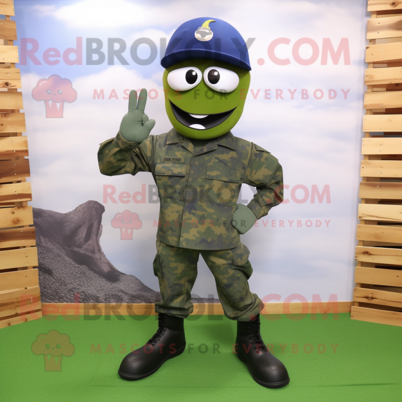 Olive Navy Soldier mascot costume character dressed with a Capri Pants and Shoe clips Olive Navy Soldier mascot costume character dressed with a Capri Pants and Shoe clips