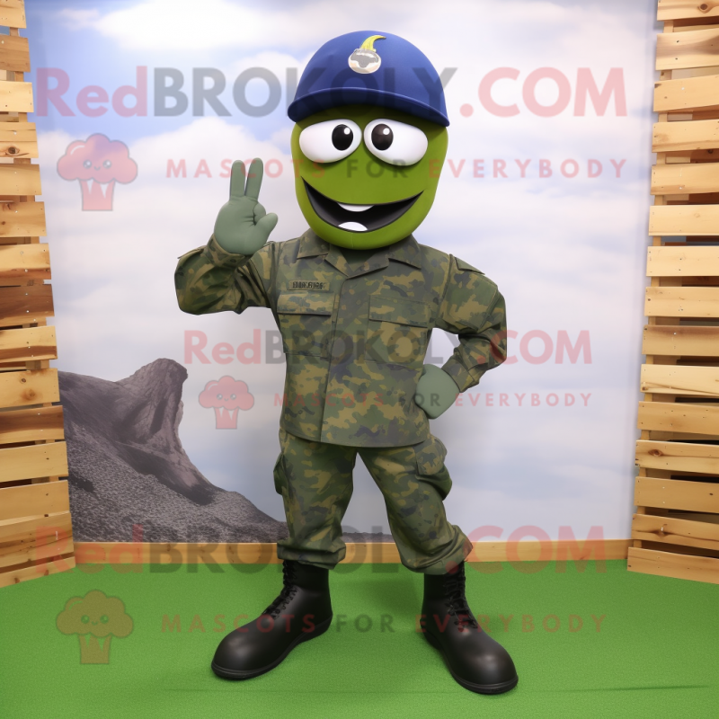 Olive Navy Soldier mascot costume character dressed with a Capri Pants and Shoe clips