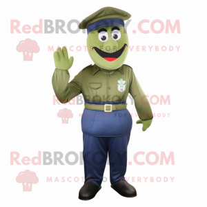 Olive Navy Soldier mascot costume character dressed with a Capri Pants and Shoe clips