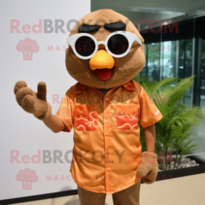 Brown Mandarin mascot costume character dressed with a Button-Up Shirt and Sunglasses