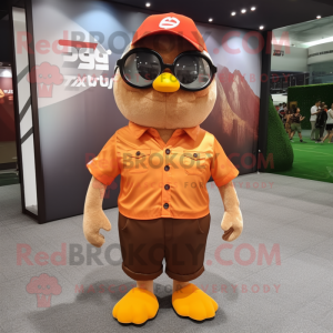 Brown Mandarin mascot costume character dressed with a Button-Up Shirt and Sunglasses