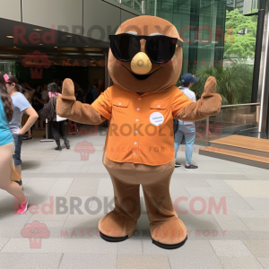 Brown Mandarin mascot costume character dressed with a Button-Up Shirt and Sunglasses