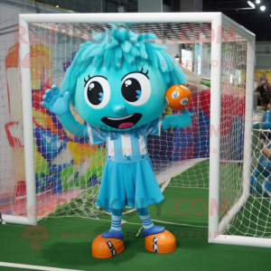 Turquoise Soccer Goal mascot costume character dressed with a A-Line Dress and Anklets