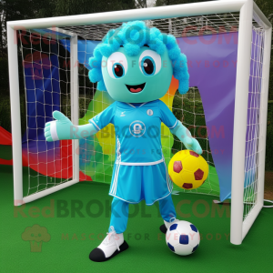 Turquoise Soccer Goal mascot costume character dressed with a A-Line Dress and Anklets