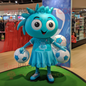Turquoise Soccer Goal mascot costume character dressed with a A-Line Dress and Anklets