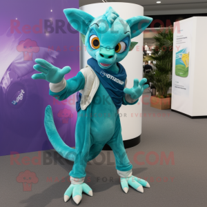 Cyan Chupacabra mascot costume character dressed with a Bermuda Shorts and Scarf clips