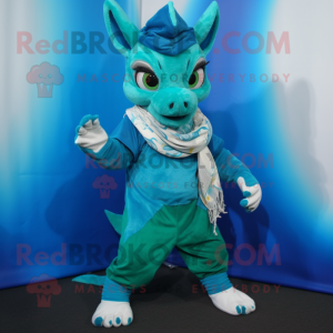 Cyan Chupacabra mascot costume character dressed with a Bermuda Shorts and Scarf clips