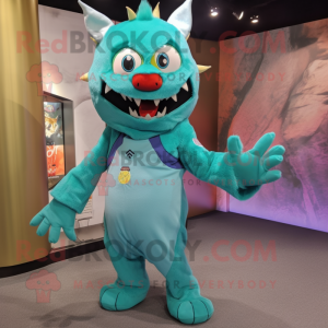 Cyan Chupacabra mascot costume character dressed with a Bermuda Shorts and Scarf clips