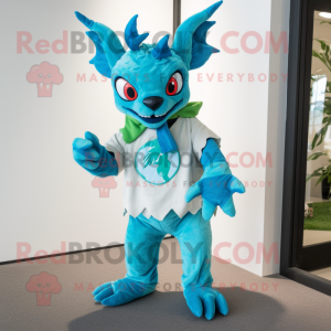 Cyan Chupacabra mascot costume character dressed with a Bermuda Shorts and Scarf clips