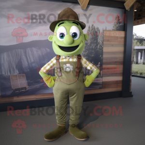 Olive Green Beer mascot costume character dressed with a Dungarees and Bow ties