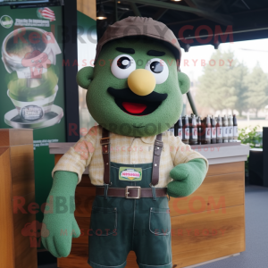 Olive Green Beer mascot costume character dressed with a Dungarees and Bow ties