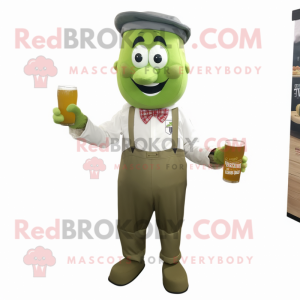 Olive Green Beer mascot costume character dressed with a Dungarees and Bow ties
