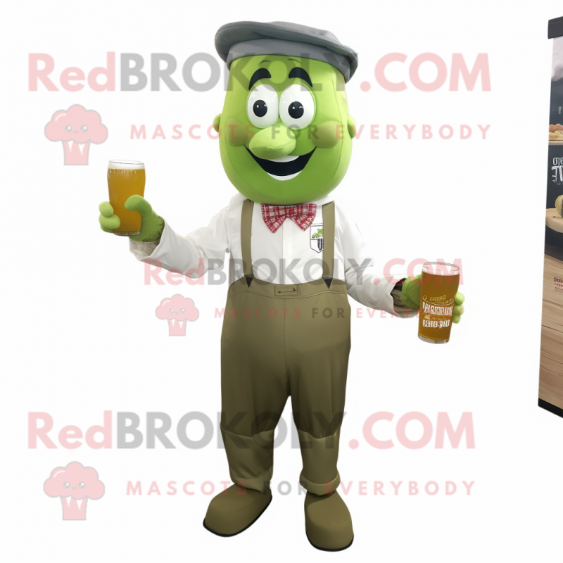 Olive Green Beer mascot costume character dressed with a Dungarees and Bow ties Olive Green Beer mascot costume character dressed with a Dungarees and Bow ties